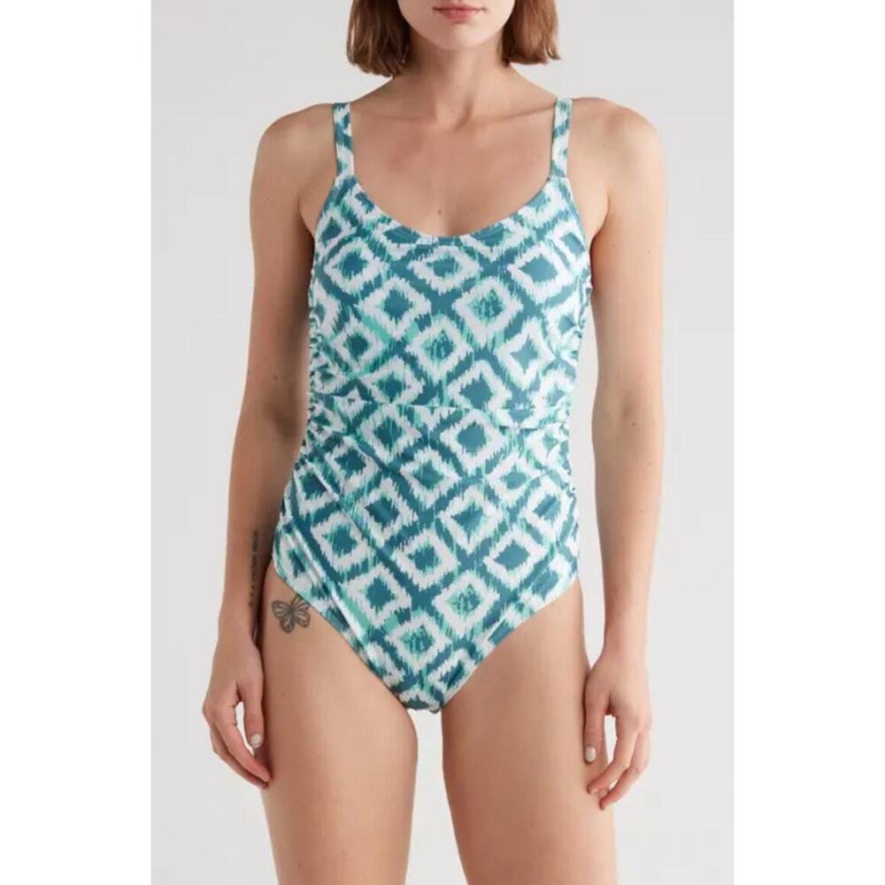 Nicole Miller Women's Medium One Piece Ruched Swim Suit Resort Geometric NWT